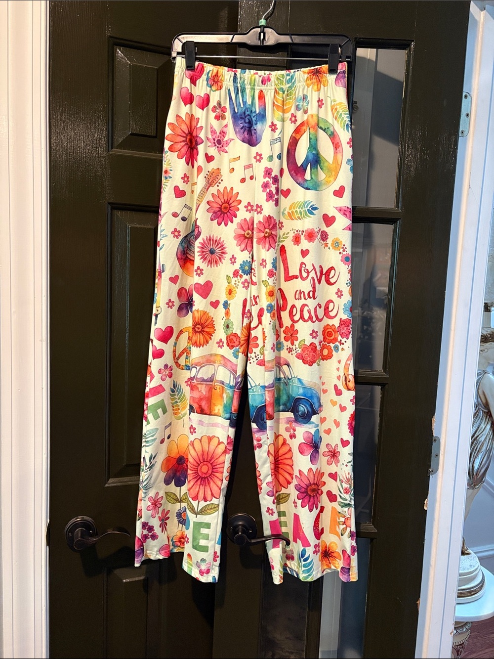 Wide Leg Pajama Pants - Multicolor 'Love and Peace' Print